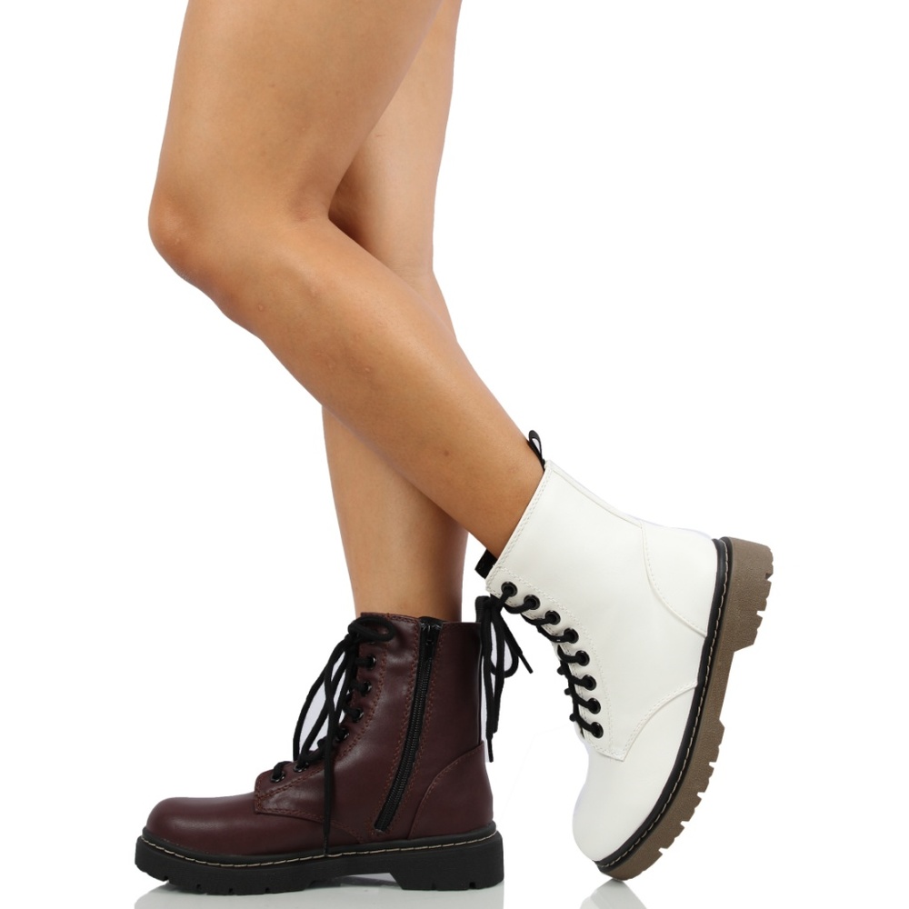 Size 5.5 Wine Faux Leather Lace Up Lug Sole Milita - Picture 7 of 7